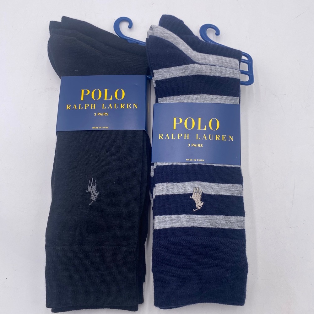 Polo Ralph Lauren 6 Pair Dress Socks Mens 10-13 Black Navy Striped Pony Logo